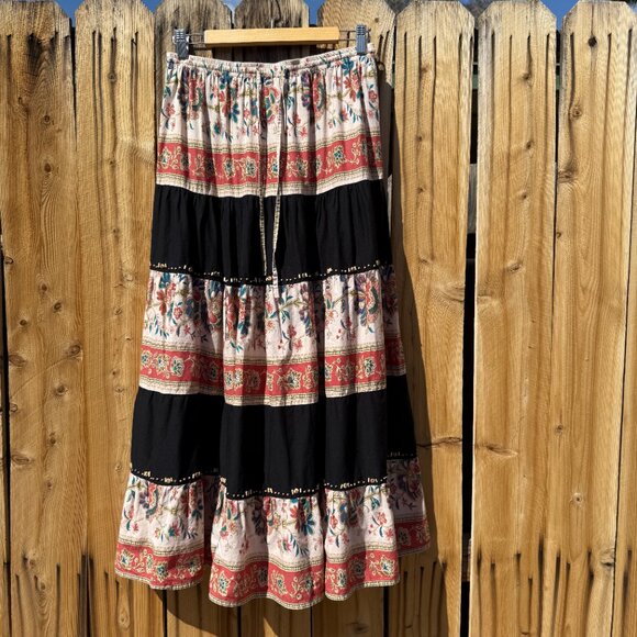 Vintage Prairie Midi Skirt 90s Ronnie Nicole Floral Beaded Flared | Size M/L - Picture 5 of 12